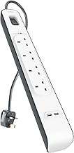 Belkin Extension Lead with USB Slots x 2 (2.4 A Shared), 4 Way/4 Plug Extension, 2m Surge Protected Power Strip - White