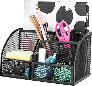 EXERZ Desk Organiser/Mesh Desk Tidy Caddy/Pencil Holder Multifunctional with 7 Compartments- Black