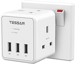 Double Plug Adapter UK with 3 USB, TESSAN Surge Protector Multi Plug Extension Socket, 13A Cube Wall Socket for Home, Office, Kitchen, School Supplies