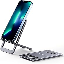 JSAUX Cell Phone Stand, Foldable Aluminum Adjustable Phone Holder for Desk Portable Travel Essentials Office Accessories for iPhone 17 16 15 14 13 Pro Max Samsung S25 S24 S23 Ultra Kindle-Gray