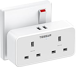 TESSAN Double Plug Adapter UK with 2 USB, 2 Way Multi Plugs Extension Socket, 13A UK Dual Surge Protected Wall Charger Power Adaptor for Home, Office, Kitchen, School Supplies