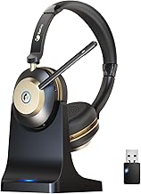 Wireless Headset, Bluetooth Headset With Microphone Noise Canceling & USB Dongle, On Ear Headphones with Charging Dock & 50hrs Working Time for Computer/Mobile Phones/Ms Teams/Skype/Zoom/Office