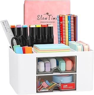 Wlevzzor Creative & Simple Desk Organiser, 7 Grids, Plastic Table Organiser with Drawer, Multifunctional Desk Organiser, Pen Holder for School, Office, Home (White)