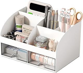 Desk Organizer with 6 Compartments and 2 Drawers, Plastic Makeup Organizer, Pen Holder for Desktop Storage, Desk Organization for School, Home, Office Supplies (White)