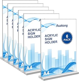 A4 Acrylic Sign Holders, Double-Sided Vertical Display Stand, Plastic Paper Holder, T-Shaped Desktop Stand, Table Menu Display Stand for Restaurants Office Store Show (A4-6 Pack)