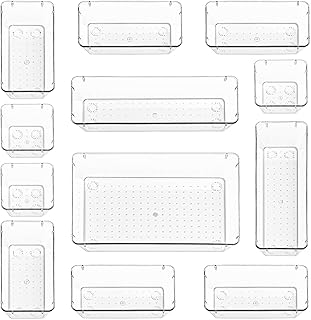 Drawer Organiser Set – Makeup Organiser Tray for Drawers – Clear Cosmetics Container Tray for Bedroom – Utensil Cutlery Set Divider – Kitchen Storage & Organisation – 12pack
