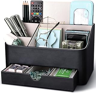 KINGFOM Desk Tidy Organiser mit 5 Grids and Drawer, PU Leather Desk Organiser Office Desktop Stationary Organiser Holder Large Capacity Pen Pot Pen Holder for Desk Accessories (Black)