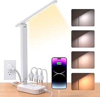 Power Strip with LED Desk Lamp, 3 Outlets 4 USB Ports(2 USB C) 4 Modes 5 Level Touch Lamp Small Desk Lamp for Home Office Bedroom Bedside Study Reading Light, 5ft Extension Cord, Dorm Room Essentials