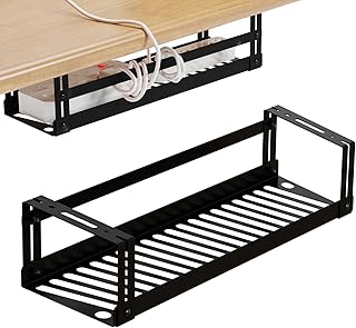 Under Desk Cable Management No Drill, 1 Pack Carbon Steel Cable Management Under Desk Self Adhesive and Drilling Mounting, Black Desk Cable Tray for Desk Tidy, for Office and Home