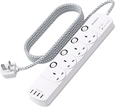 1.8M Extension Lead, 4 Way Socket Outlets Power Strips with 4 USB (2 Type C & 2 USB A), 1050J Surge Protection Multi Plug Extension with Braided Extension Cable for Home, Office, Individually Switched