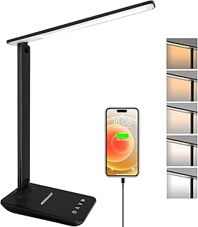 Desk Lamp Dimmable Led Table Lamp Reading Light with USB Charging Port, 5 Lighting Modes, Touch Control Desk Light, Foldable Nail Lamp for Studying Working Reading Office Bedside