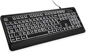 BERGUF Large Print Backlit Keyboard, Quiet USB Wired Computer Key board, Full Size Keyboard with White Illuminated LED Compatible for Windows Desktop, Laptop, PC, Gaming, Black (Large)