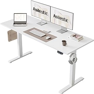 Agilestic Electric Standing Desk, 140 x 60 cm Height Adjustable Sit Stand Desks with Splice Board and Memory Smart Pannel, Home Office Desk, White