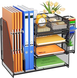 Desk Organiser File Holder, 5-Tier Paper Letter Tray Organiser with Drawer, 4 Pen Holder, Mesh Desktop Storage with Magazine Holder for Office Supplies (Black)