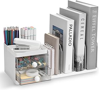 RISEMART Desk Organiser with File Holder, Versatile Desk Tidy Stationery Storage, Large Capacity Desktop Organizer for Office & School Accessories (White)