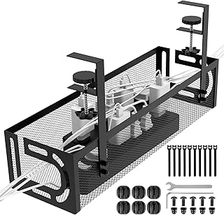 Under Desk Cable Management Tray, 15.4‘’ No Drill Cable Management Mesh Wire Organizer Side Opening Design for Home, Office, Internet Cafe, Kitchen, Black