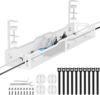 Cable Management, 25''/64CM Long Under Desk Cable Management No Drill, Metal Cable Tidy with Clamp for Standing Desk, Cable Organiser for Home Office, White