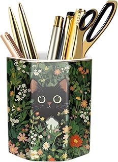 WAVEYU Pen Holder, Pencil Cup for Desk, Cute Desk Organizer, Durable Ceramic Decorative Makeup Brush Desktop Accessories, Stylish Stationery for Office, School, Home, Cute Cat Pattern